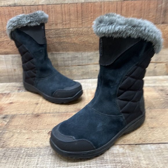 Columbia Shoes - Columbia Womens Black Suede Waterproof Faux Fur Winter Boots Slip On Size 7